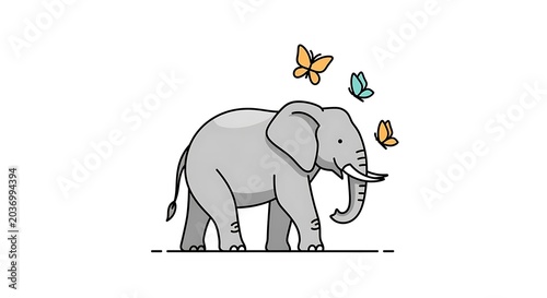 Elephant with butterflies around head standing.