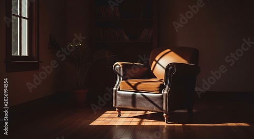 Single chair in dark room interior.