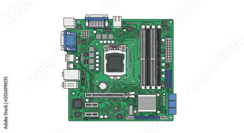 Green circuit board with ports and chips on transparent background