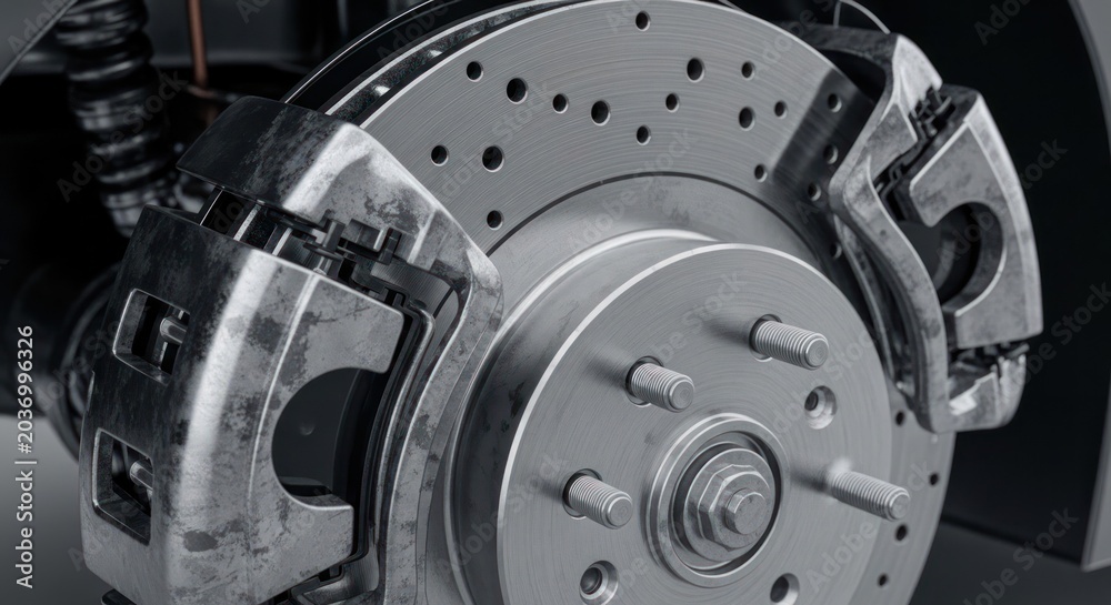 Fototapeta premium Close-up of a high-performance car brake system with ventilated rotor and caliper.