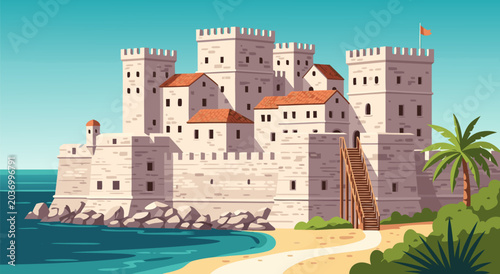 Foto Beautiful cartoon vector illustration of a majestic medieval castle situated on
