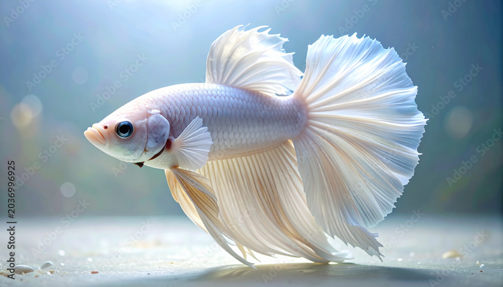 Fototapeta premium Elegant white betta fish underwater with flowing fins and detailed scales