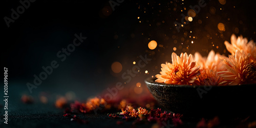 Orange chrysanthemum flowers in a dark bowl