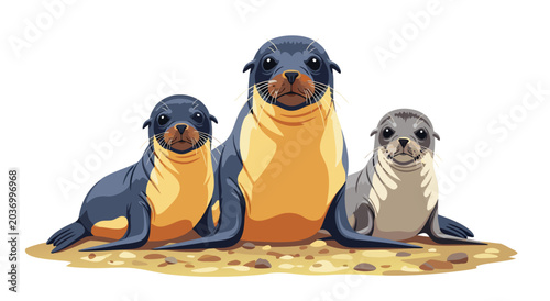 Canvas Print A striking vector illustration of a family of seals basking on a sandy beach, ca