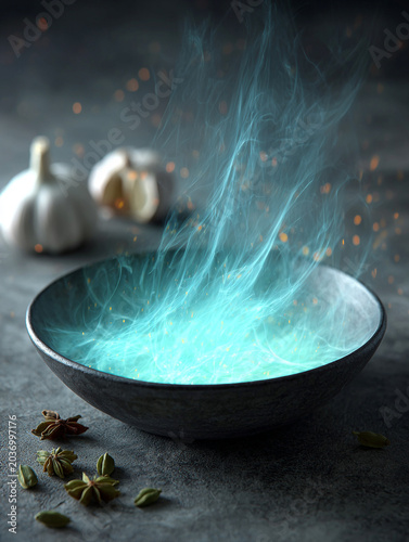 Conceptual shot of magical blue smoke rising from a bowl with spices