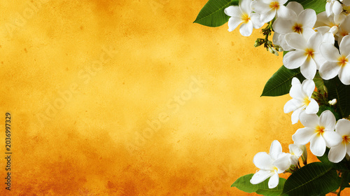 Beautiful White Plumeria Flowers on Vibrant Textured Yellow Background
