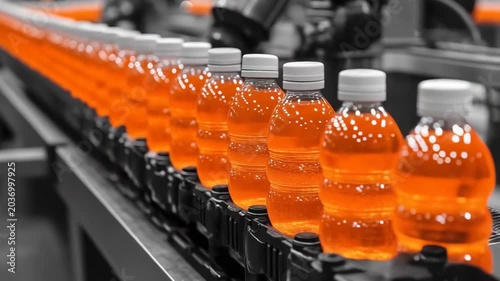 selective focus factory producing natural sugar free organic soft drinks with automated mixing and bottling machines