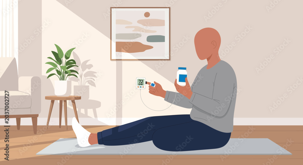 Fototapeta premium Person monitors health at home with pulse oximeter and app