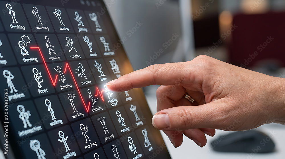 Obraz premium Hand interacting with digital stick figure icons