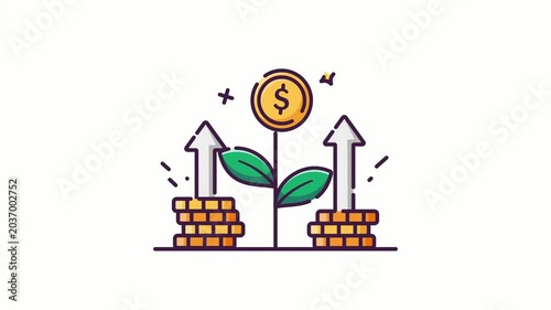 Growing Wealth: A vibrant illustration depicting stacked coins and upward-trending arrows symbolizing financial growth, with a dollar coin at the apex of a seedling.