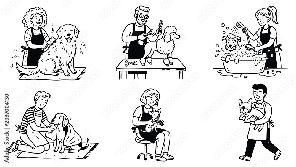 Fototapeta premium People are grooming and walking dogs in various styles and settings.