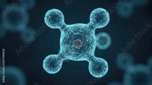 clean, scientific 3D render of transparent blue molecules in a tetrahedral arrangement, symbolizing chemistry, biotechnology, and medical innovation with a dark, futuristic aesthetic
