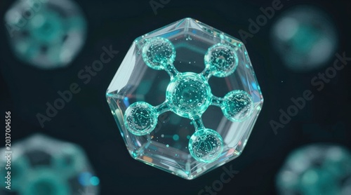 clean, scientific 3D render of transparent blue molecules in a tetrahedral arrangement, symbolizing chemistry, biotechnology, and medical innovation with a dark, futuristic aesthetic