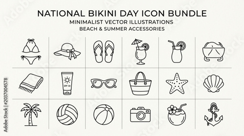 Photos National bikini day icon bundle with minimalist vector illustrations of beach an
