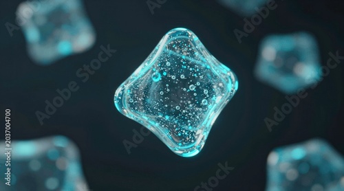 clean, scientific 3D render of transparent blue molecules in a tetrahedral arrangement, symbolizing chemistry, biotechnology, and medical innovation with a dark, futuristic aesthetic