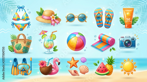 Bild auf Leinwand Colorful beach accessories and summer items on sandy shore with ocean background