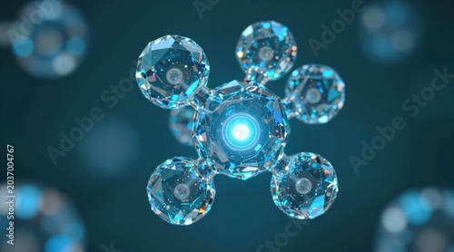 clean, scientific 3D render of transparent blue molecules in a tetrahedral arrangement, symbolizing chemistry, biotechnology, and medical innovation with a dark, futuristic aesthetic