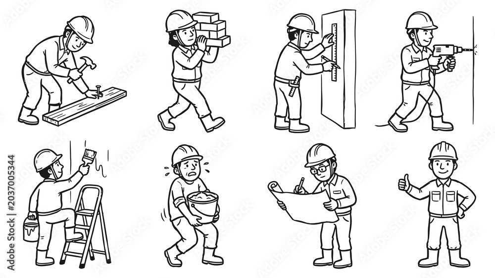 Fototapeta premium Construction workers performing various tasks on a building site with tools and materials