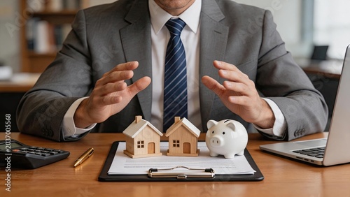 Businessman protecting model houses and piggy bank, symbolizing insurance, investment security, real estate assets, financial planning, savings, mortgage protection, wealth