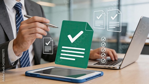 Corporate executive signing legal contract on tablet with green checkmark icon floating in air, business agreement and digital signature concept for financial services and