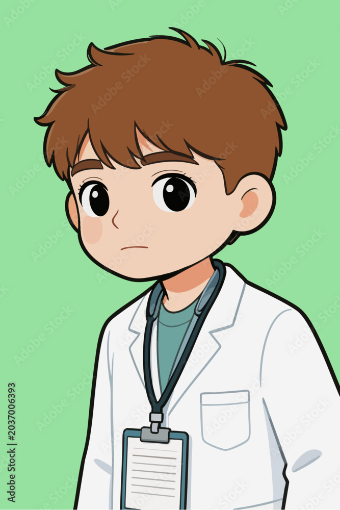 Fototapeta premium Cute cartoon young male doctor portrait with green background