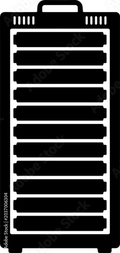 Data server rack black icon representing cloud computing mainframe storage database center and network hosting isolated on white background
