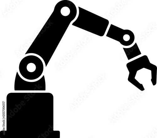 Industrial robotic arm black icon representing factory automation mechanical engineering and smart manufacturing isolated on white background
