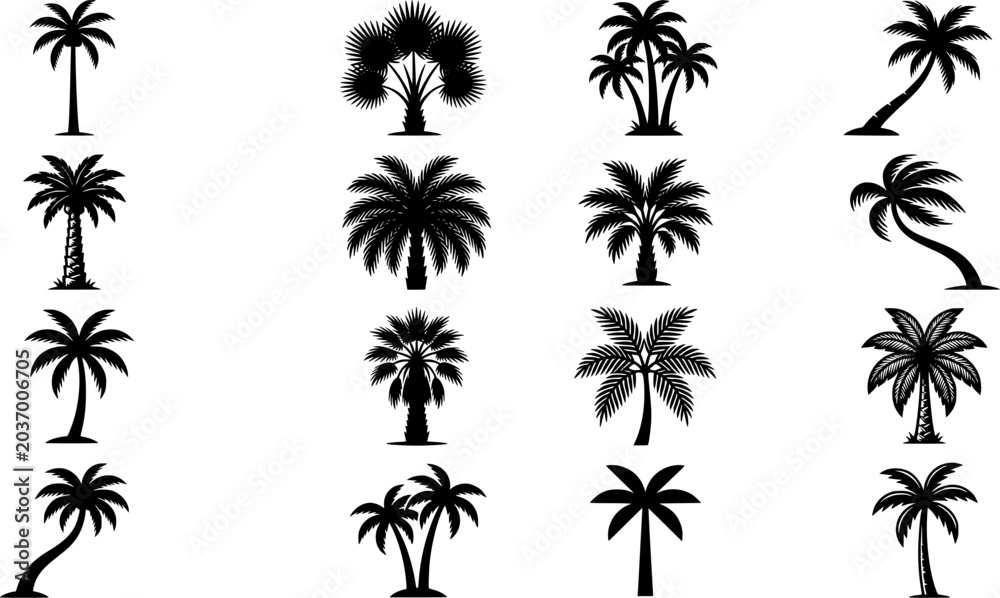 Fototapeta premium Palm Tree Silhouette Collection Vector Set with Tropical Island Coconut Trees and Summer Beach Designs