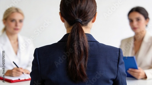 Female candidate sitting in front of two interviewers during a professional job interview, human resources recruitment and career opportunity concept.