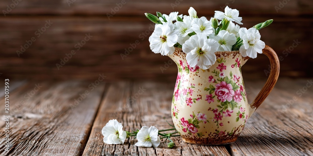 Fototapeta premium Floral pitcher with white blossoms on weathered wood