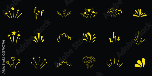 Hand drawn exclamation burst collection. Explosion, sunburst, surprise, firework, shine, twinkle, confetti. Comic explosion and fireworks effects set in doodle style. eps 10