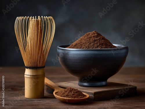 Hojicha Roasted Green Tea Powder in Ceramic Bowl with Bamboo Whisk.