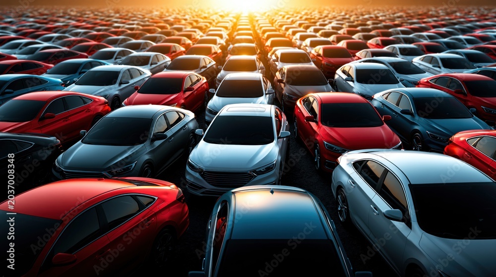 Fototapeta premium Massive car fleet bathed in golden sunlight