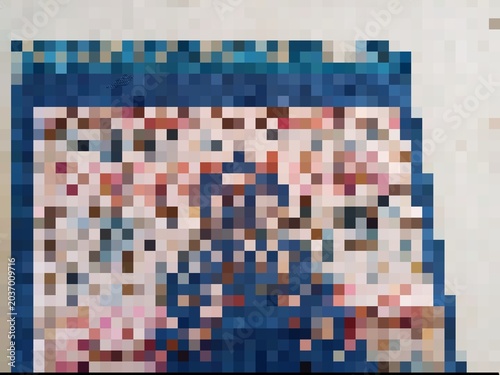 Pixelated Close-up of a Colorful Textile Pattern with Blue Border