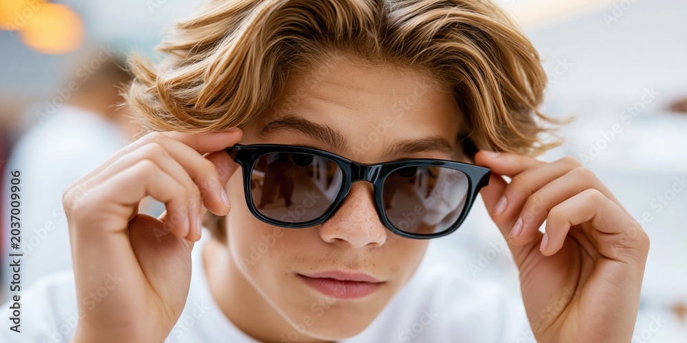 Fototapeta premium Stylish young man adjusting his cool sunglasses