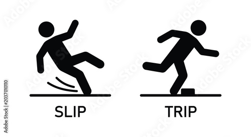 Black silhouette depictions of a person slipping and tripping over an obstacle safety signage silhouette slip