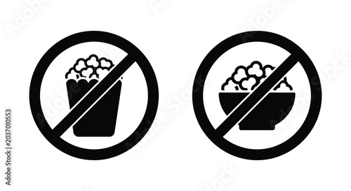 Schilderij op canvas Two no popcorn prohibition signs depicted as black silhouettes against a white b