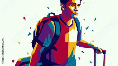 Photos Man with Backpack and Luggage Handle.