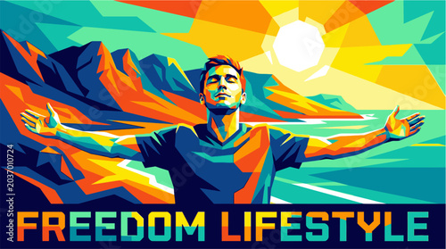 Photos Man with arms outstretched feeling free.