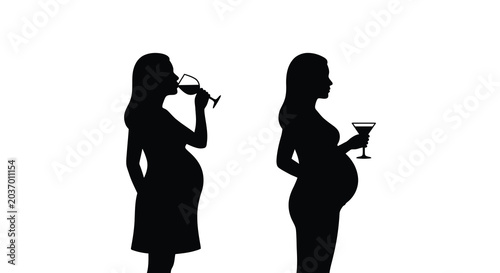Tableau sur toile Pregnant women holding wine glasses in black silhouette against a white backgrou