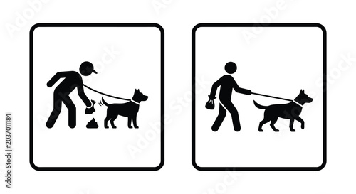Cuadro en lienzo Dog walking related warning signs featuring people and pets depicted as black si