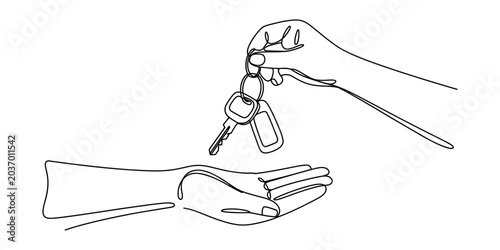 Foto One line drawing of a person handing over house keys to another person represent