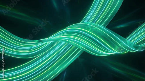 Glowing green energy waves flowing in dark space Generative AI