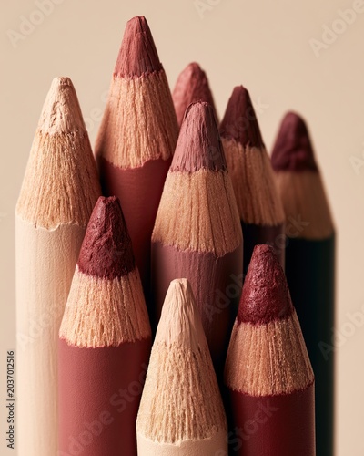 Close up view of colorful makeup pencils. Group of organic wooden lip liners in red, pink and nude colors.