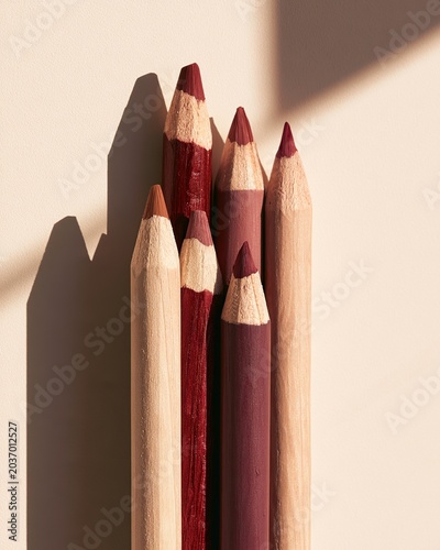 Sharpened lip and eyeliner pencils on beige background. Professional beauty cosmetics palette with hard shadows.