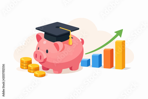Piggy Bank with Graduation Cap and Rising College Fund Growth Graph