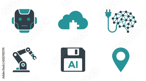 Collection of six modern flat icons representing artificial intelligence, robotics, cloud computing, and data storage.
