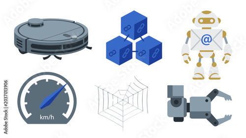 A collection of diverse technology and automation icons, including a robot vacuum, a speedometer, a robotic arm, and abstract digital elements.
