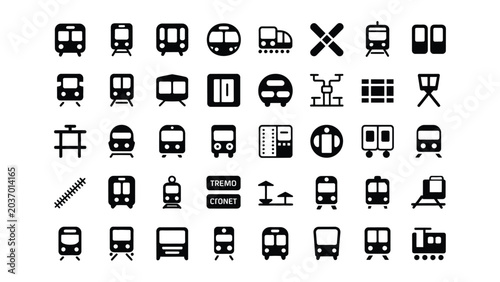 Schilderij op canvas Collection of various train and railway icons in black on white background