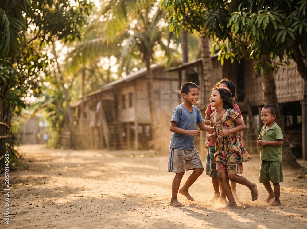 Obraz premium Children Playing Together in Rural Myanmar Village
